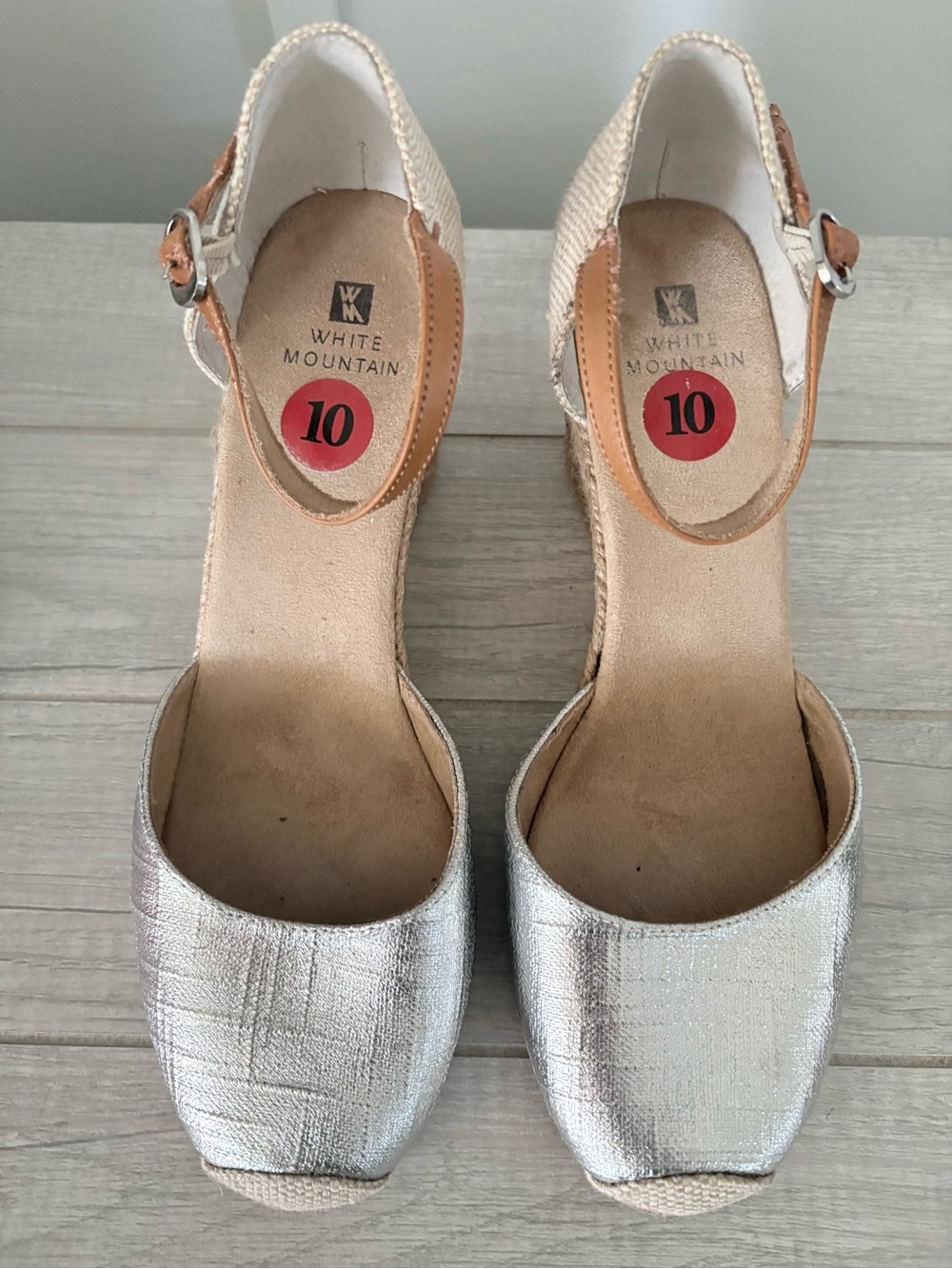 White Mountain Silver Metallic Espadrille Wedges with Tan Ankle Straps size 10